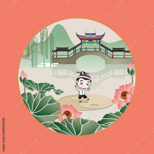 During summer, the young monk practiced martial arts. In the park, beside the pond, there were lotus flowers and a small pavilion with lotus leaves.