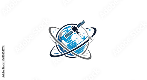 A stylized logo featuring a globe with orbiting rings and a satellite, rendered in shades of blue and white.