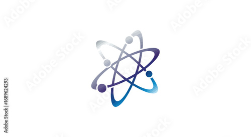 Abstract atom symbol with orbiting electrons, rendered in shades of blue and purple on a white background.
