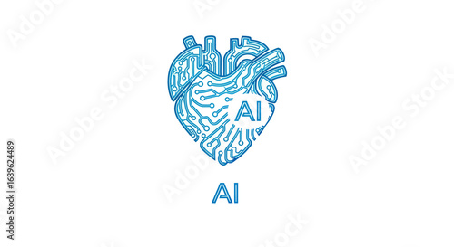 Stylized anatomical heart with circuit board patterns and the letters "AI", representing artificial intelligence and healthcare.