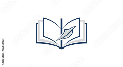 Stylized open book with a quill pen resting on its pages, depicted in a simple, elegant blue and white design.