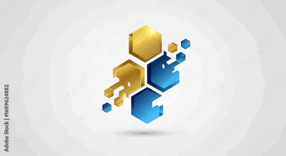 Abstract geometric design featuring interconnected gold and blue hexagons with a pixelated or fragmented effect, set against a light gray background.