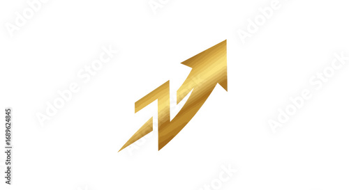 Golden arrow pointing upwards with a lightning bolt design, symbolizing growth, progress, and energy on a white background.