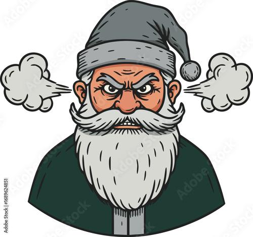 Angry Santa Claus with gray hat and white beard illustration showing steam from ears vector artwork 