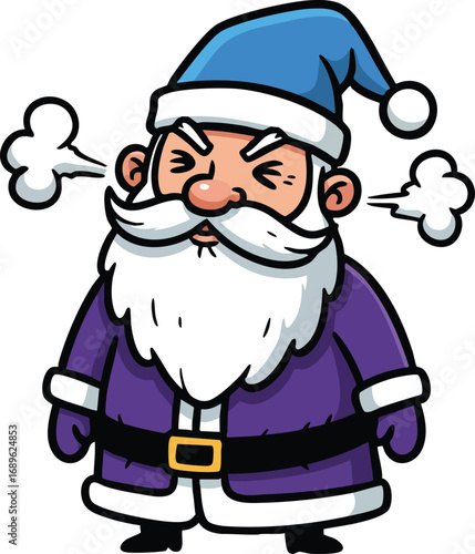 Santa Claus character angry with steam coming out of ears in blue and purple outfit vector illustration 