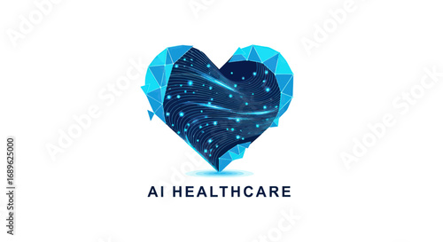 Abstract geometric heart with blue polygonal design and glowing particles inside, representing AI Healthcare.