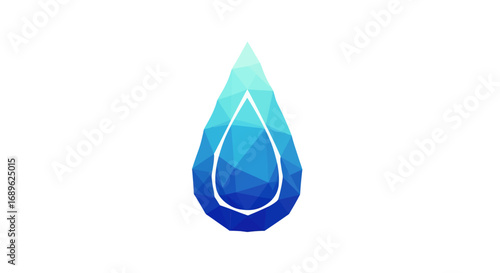 Abstract polygonal water drop illustration, featuring shades of blue and white against a plain background.