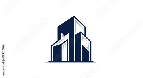 Modern building logo design featuring a stylized, geometric structure with dark blue and white color scheme.