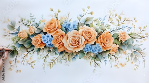 Elegant Watercolor Roses and Blue Flowers Bouquet Painting