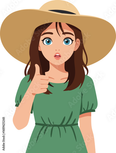 Young woman in green dress wearing wide brim hat showing thumbs up gesture vector illustration 