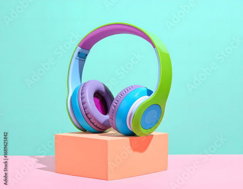 Sleek and vibrant headphones in a bold neon color scheme, a modern audio accessory with a retro eighties pop culture aesthetic on a colorful background