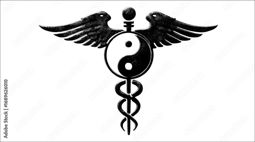Fototapeta premium Yin–Yang Caduceus Symbol, East–West Healing Concept, Minimal Medical Logo Style for Wellness & Clinic Branding.Generative AI