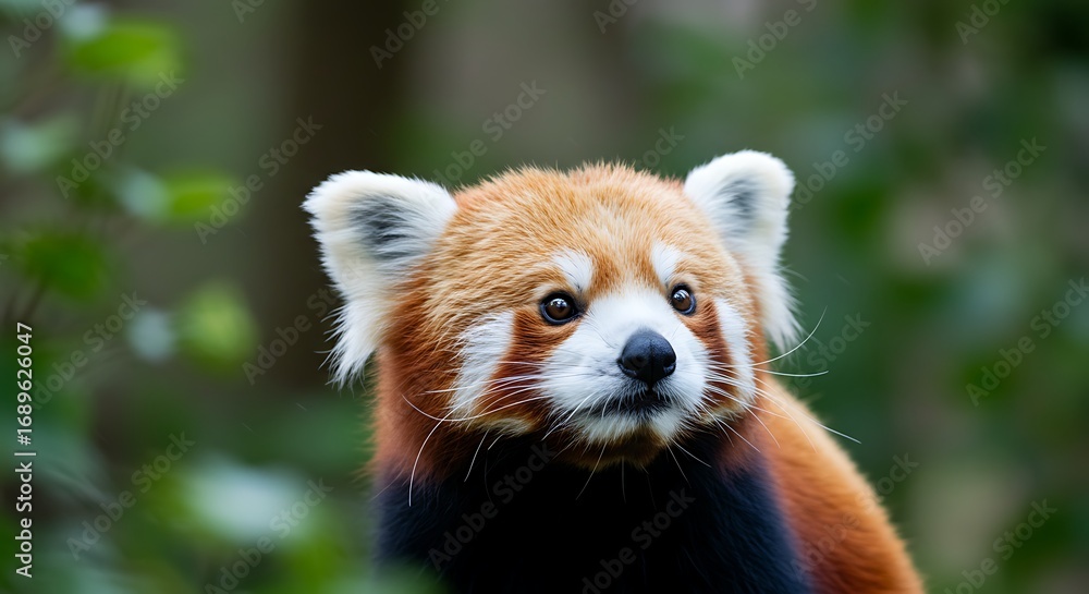Naklejka premium Red Panda Portrait - Captivating Gaze in Natural Habitat.