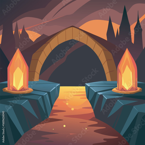 Glowing crystal bridge over fiery lava river
