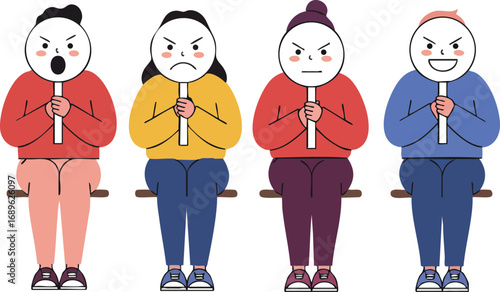 Group of people holding angry emotion masks while sitting in casual clothing vector illustration 