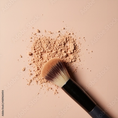 A close-up shot of a makeup brush and powder on a beige surface.