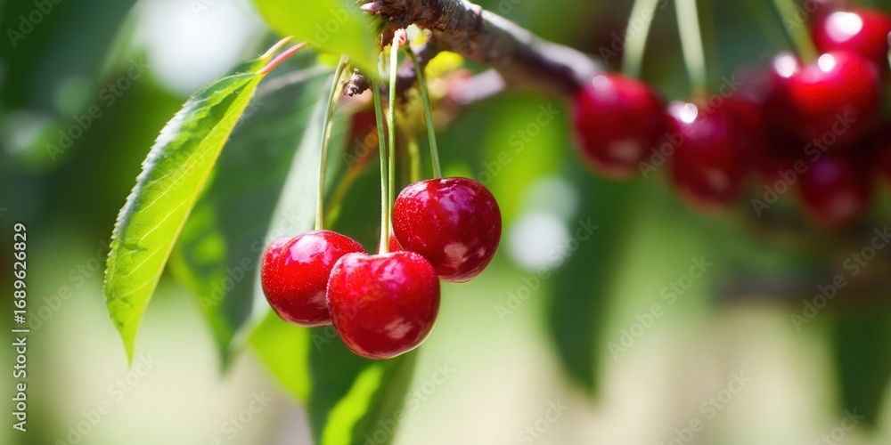 Obraz premium Juicy red cherries hanging from a branch with lush green leaves in a sunny setting.