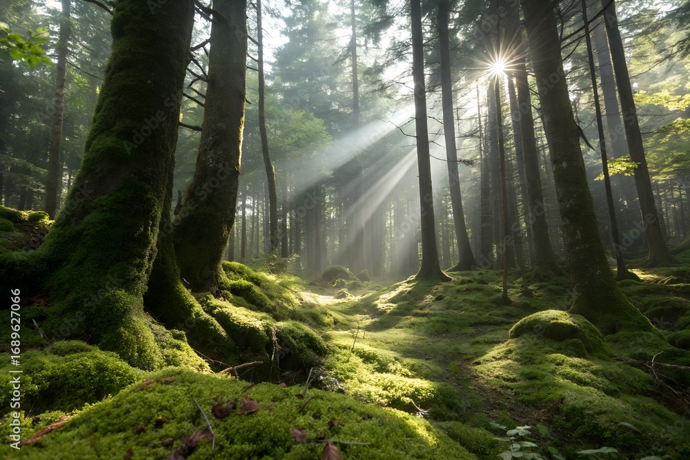 Obraz premium Sunbeams filter through a dense forest canopy, illuminating mosscovered ground