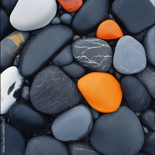 Smooth Grey and Orange Stones Beach Rocks Background Texture