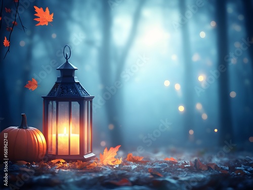 Enchanted Autumn Forest Scene, Pumpkin, Lantern, and Falling Leaves