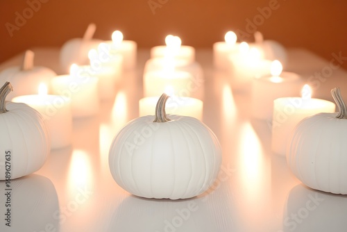 White Pumpkins and Candles Autumn Decor Still Life