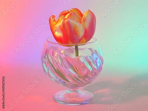 Vibrant Orange Tulip in Glass Vase, Pastel Background