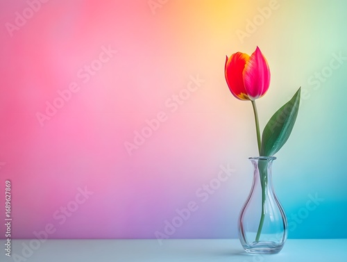 Single Red Tulip in Clear Glass Vase Pastel Background Minimalist Flower Still Life Photography