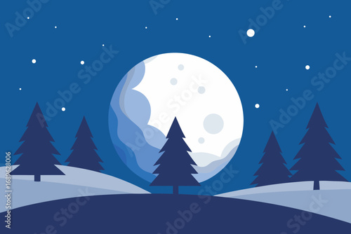 Serene winter night scene with a massive moon