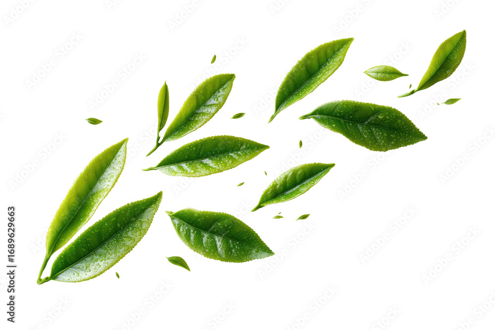 Naklejka premium Fresh tea leaves scattered in a dynamic design