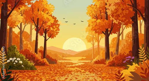 Beautiful Autumn Landscape at Sunset with Two Trees and Flying Birds in the Distance