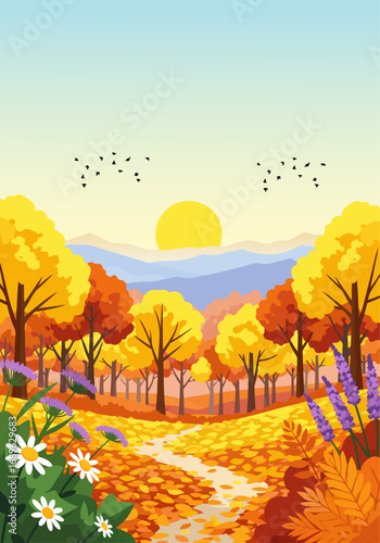 Two flocks of birds fly over a beautiful autumn forest path with colorful trees and a bright sun in a vector landscape. 
