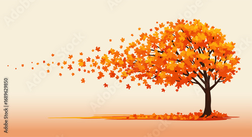Vector graphic of a beautiful autumn tree, with two currents of colorful leaves gracefully carried by the wind, symbolizing seasonal change