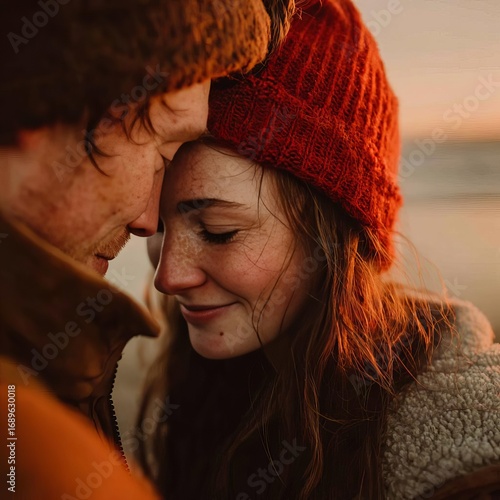 A couple shares a tender moment as they lean in for a loving embrace during a beautiful sunset at the beach