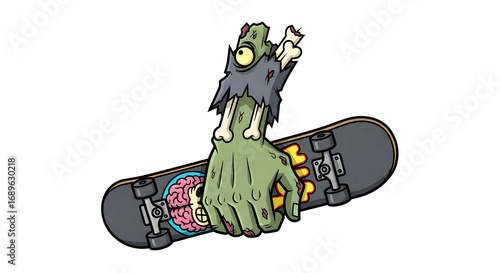 Creative cartoon illustration of a spooky green zombie hand with exposed bones gripping a skateboard, isolated on a white background