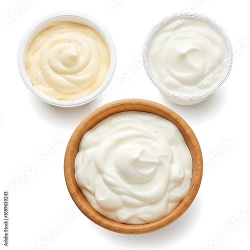 Sour Cream in wooden bowl, Mayonnaise, Yogurt, isolated on white background, clipping path, full depth of field