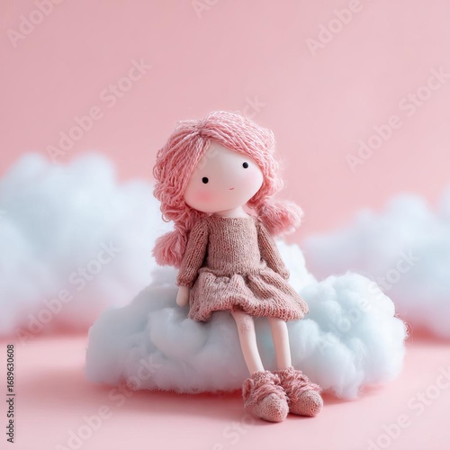 A cute doll with pink hair sits on a fluffy cloud against a soft pink background bringing a whimsical touch to any space