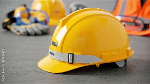 A bright yellow hard hat sits on a concrete surface with other safety equipment in the background.