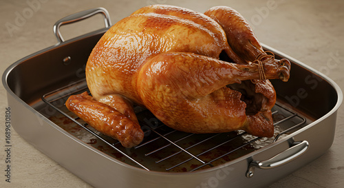 Roasted Turkey in Roasting Pan: Golden Brown, Juicy, Thanksgiving Dinner