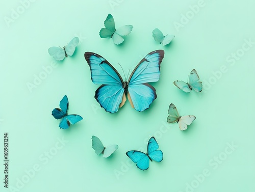 Beautiful Blue Butterflies Circle Green Background
