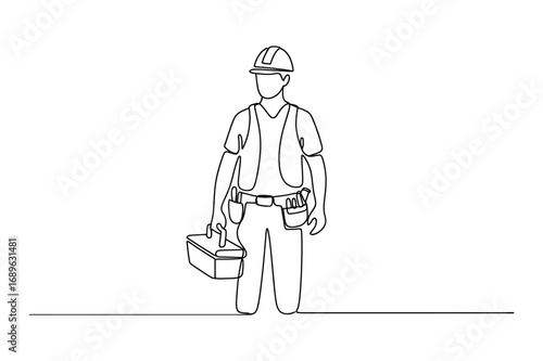 Continuous Line Drawing of a Construction Worker Holding a Tool – Industry and Labor Illustration