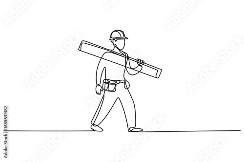 Continuous Line Drawing of a Construction Worker Holding a Tool – Industry and Labor Illustration