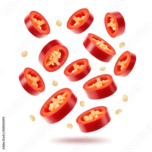 Falling sliced red hot chili peppers isolated on white background, clipping path