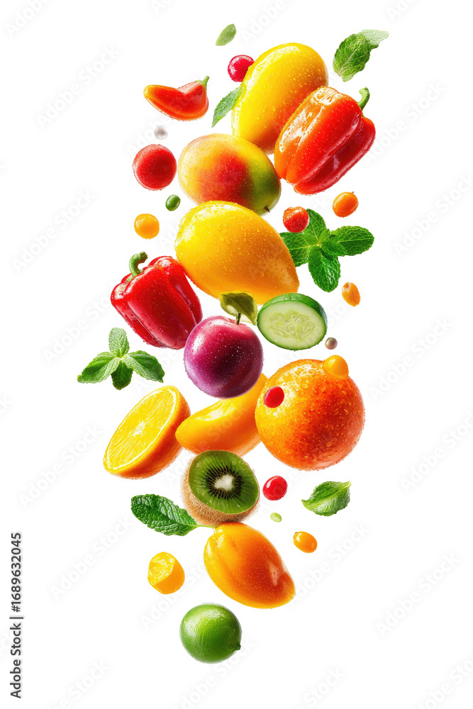 Naklejka premium Vibrant fruits and vegetables cascading
