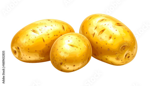 Three raw potatoes with skin isolated on transparent background