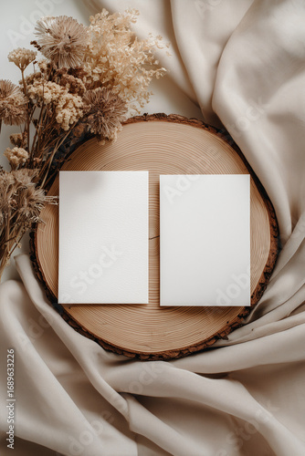 White vertical canvases with rustic wood slice and dried flowers in a still life setup.