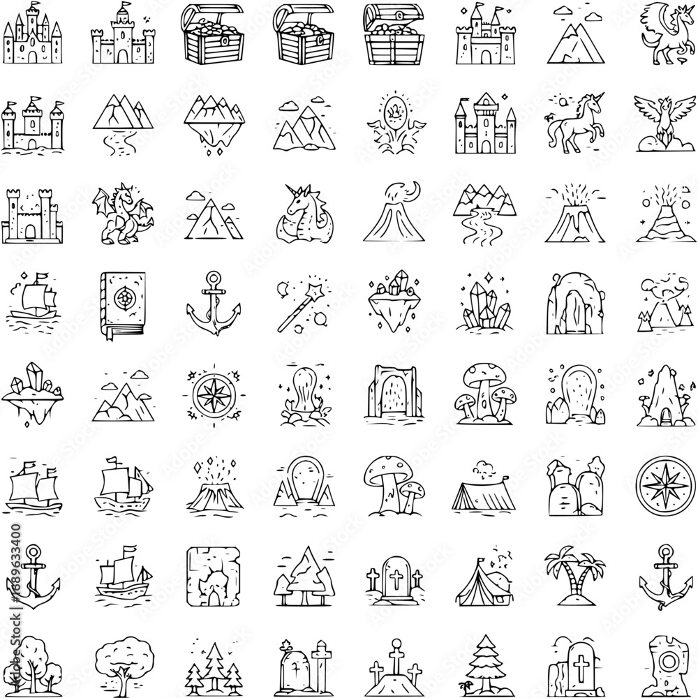 Fototapeta premium Fantasy and Surreal Outline Icon Set – 50+ Creative Vector Icons Collection