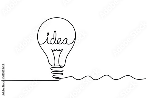 Minimal Line Drawing of a Light Bulb with "Idea" – Continuous Line Inspiration Illustration