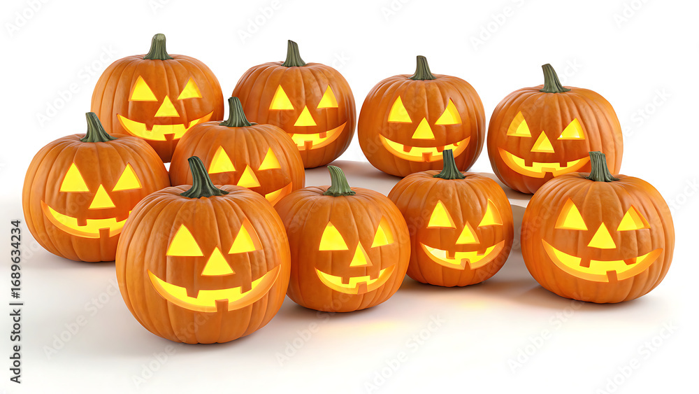 Fototapeta premium A group of jack o lanterns with triangular eyes and smiling mouths on a white surface background