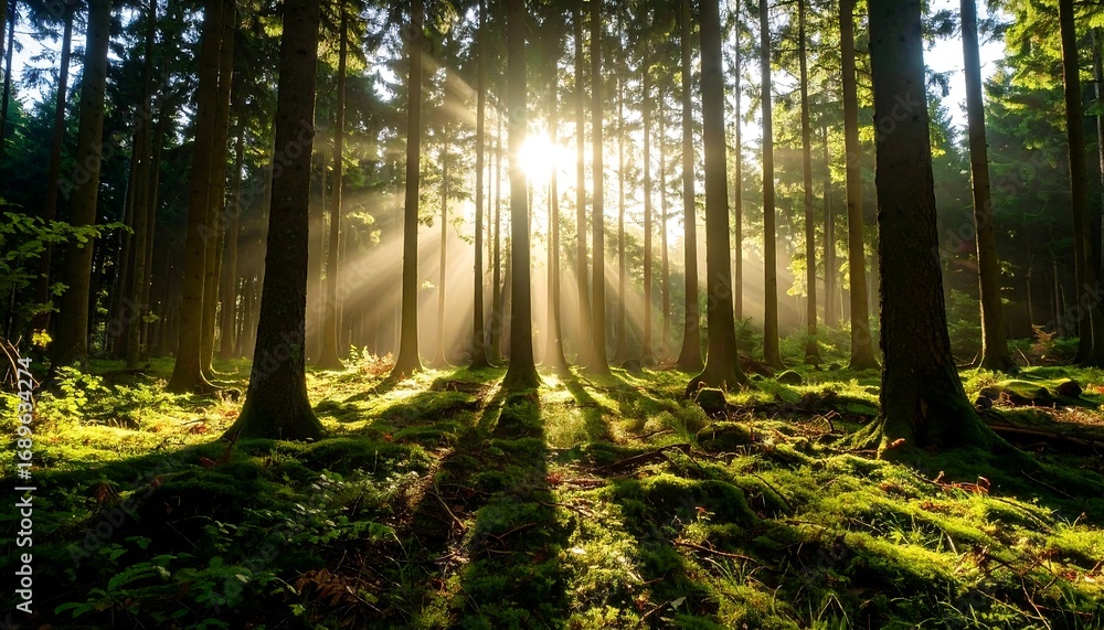 Fototapeta premium Sunbeams pierce a misty forest