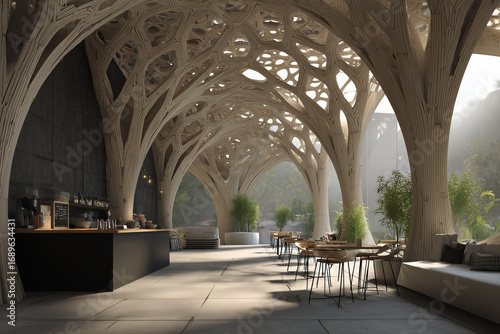 A modern design of a spacious, bright, premium coffee shop with smooth architectural lines